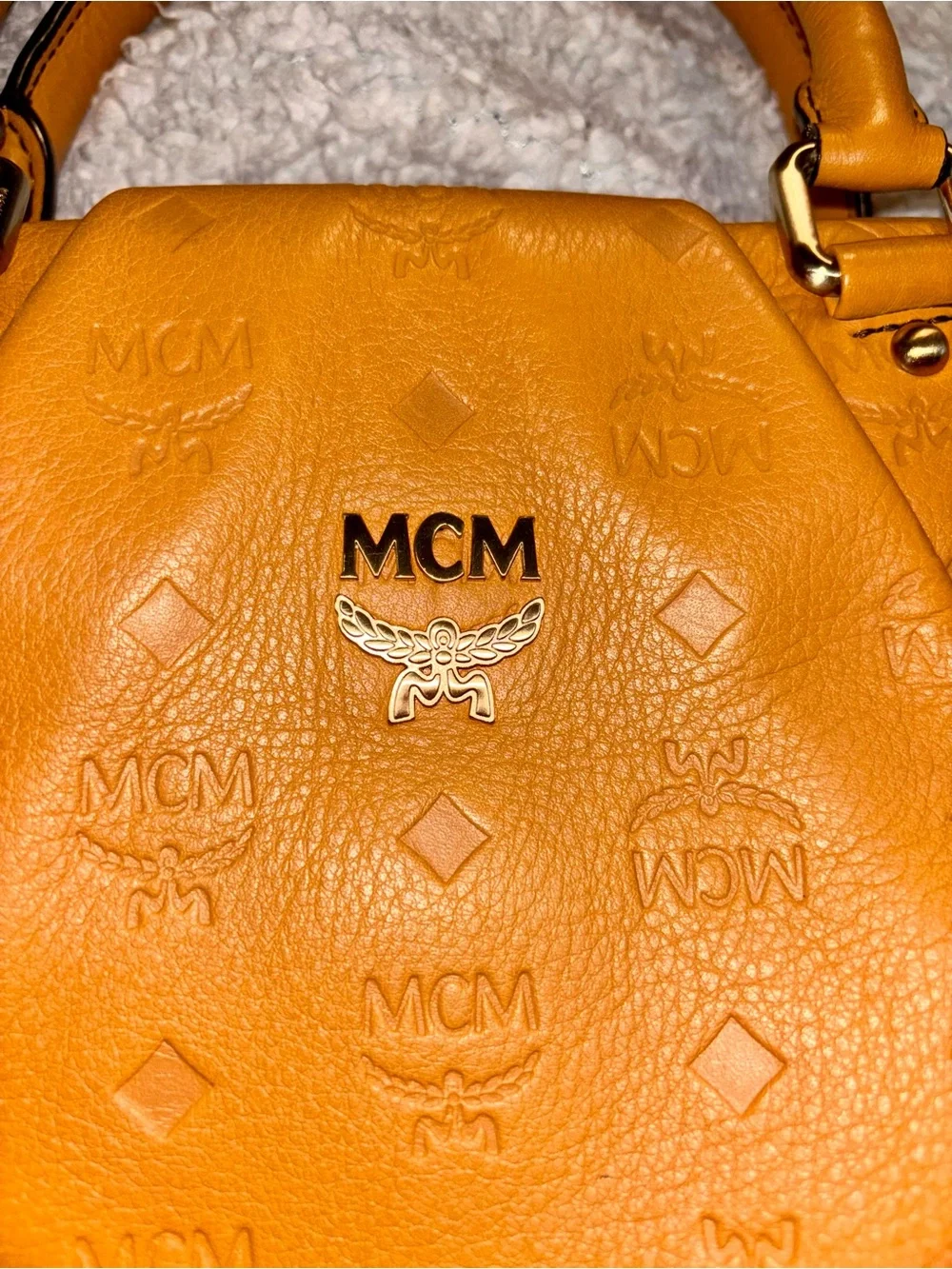 MCM Cognac Embossed Full Leather Tote with Top Handles & Long Strap - LIKE NEW